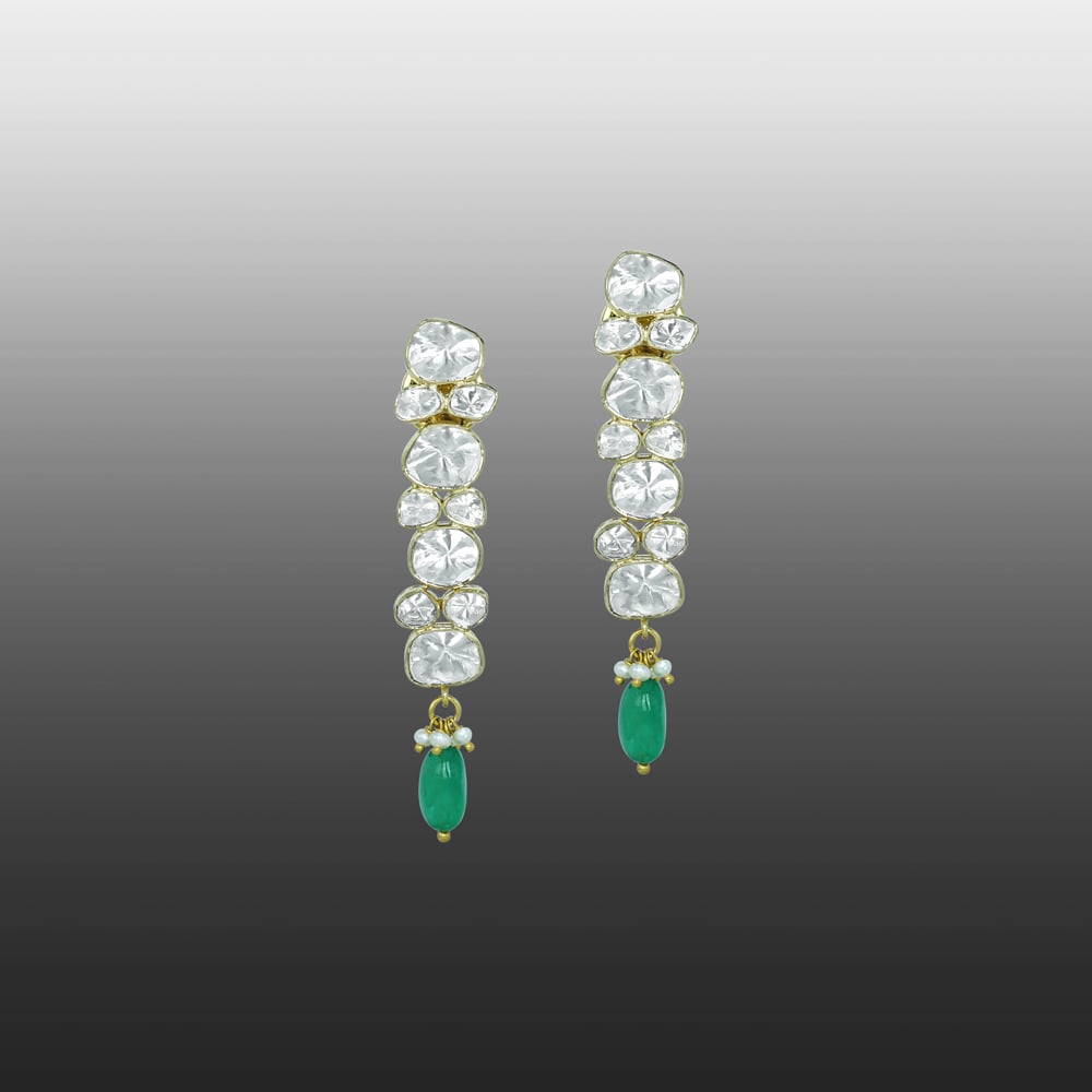 Polki Diamond Earrings with Single Emerald Drop